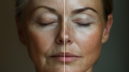 A side-by-side photo comparison: the left side shows an older woman with visible age lines and closed eyes, her skin appearing dry; the right side reveals a youthful, revitalized version of her, with 