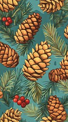Obraz premium Pine Cones and Evergreen Branches Seamless Pattern - Winter Holiday Design
