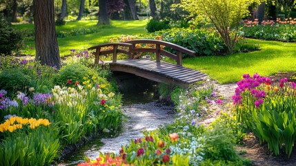 A rustic wooden bridge arches gracefully over a tranquil pond in a lush park, mirroring the surrounding greenery in its still waters