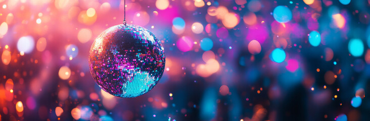 Obraz premium vibrant disco ball reflecting colorful lights creates festive atmosphere, perfect for parties and celebrations. shimmering bokeh adds to excitement