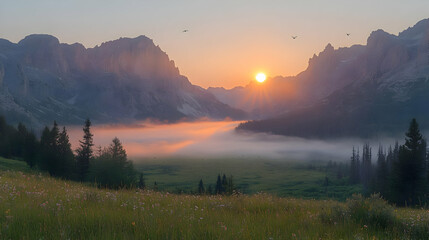 Fototapeta premium Majestic Sunrise over Foggy Mountain Valley, Nature Landscape