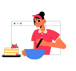 Female Baker Mixing Ingredients In A Bowl With A Cake On A Table, Flat Vector Illustration Symbolizing Baking, Culinary Skills, And Creativity, Isolated On White Background.
