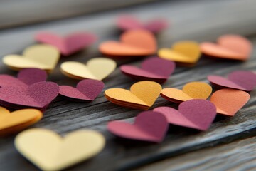 A Beautiful Display of Overlapping Paper Hearts in Different Colors on a Rustic Wooden Background for Celebrating Love and Affection