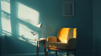 Fototapeta premium Minimalist yellow armchair in a serene blue room with soft lighting