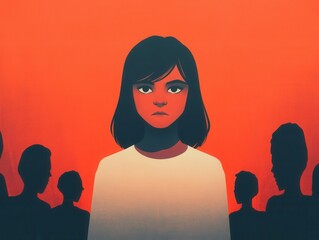 Teen surrounded by shadowy figures with threatening words, symbolizing online discrimination