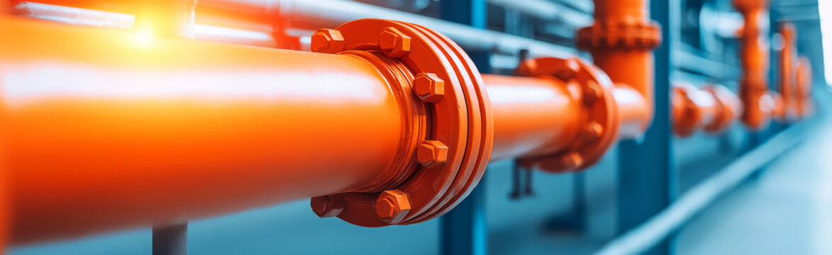 Bright orange industrial pipes with metal fittings in fac ry setting