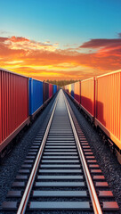 Fototapeta premium Vibrant sunset over railway tracks lined with colorful shipping containers
