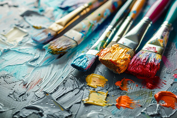 Fototapeta premium Generative AI image of talented artist passionately painting with vibrant colors on a large canvas in an art studio