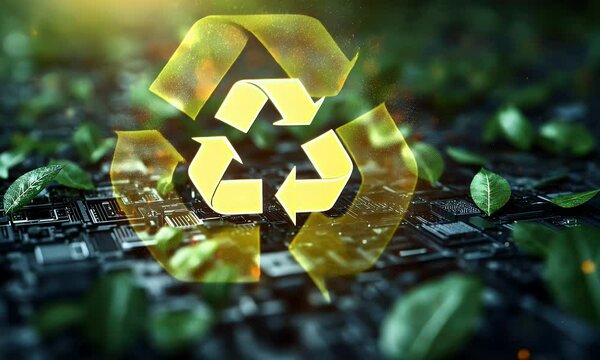 Digital representation of recycling symbol surrounded by green leaves and circuit board elements