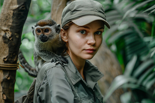 AI generated image of zoologist tourist learn environment observation