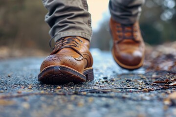 Close up of men's brown leather boots walking on wet asphalt road