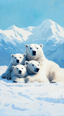Polar bears resting gether in snowy landscape, showcasing family bonds