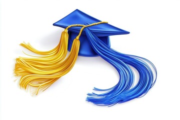 Colorful graduation cap with blue and yellow tassels, perfect for celebrating academic achievements and milestones in educational ceremonies and events.