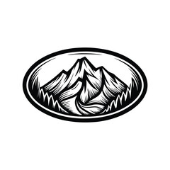 A minimalist, monogram-style design featuring a mountain peak inside a simple oval shape.