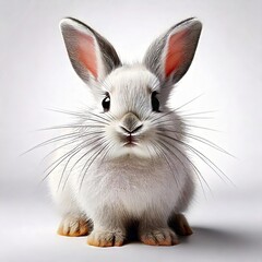 Obraz premium A cute white bunny with fluffy fur and detailed features, sitting against a clean white background. Ideal for nature, animals, or Easter-themed designs.