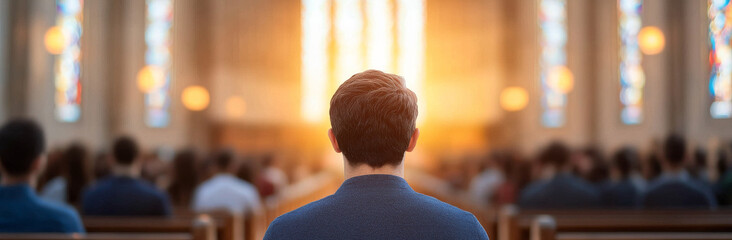 person sits quietly in church, reflecting during service with stained glass