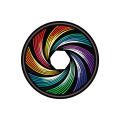 A mesmerizing abstract representation of a camera aperture, bursting with vibrant rainbow colors, creating a swirling and dynamic composition.