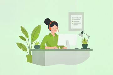 Customer support representative smiling while working at a desk with plants and computer, promoting customer service concept.