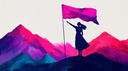 woman raising pink flag for equality against vibrant mountains