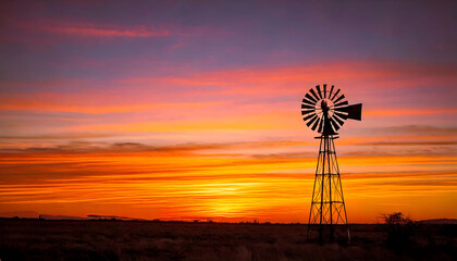 Silhouette of a vintage windmill against a vibrant sunset.  Stunning fiery hues paint the sky, creating a dramatic and peaceful scene perfect for travel, agriculture, or nostalgic projects.