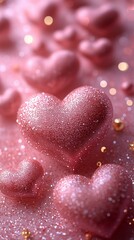 A bright pastel pink backdrop with shimmering silver sparkles and a cascade of delicate heart outlines in various sizes. A luminous white rectangle in the center offers room for text, framed by elegan