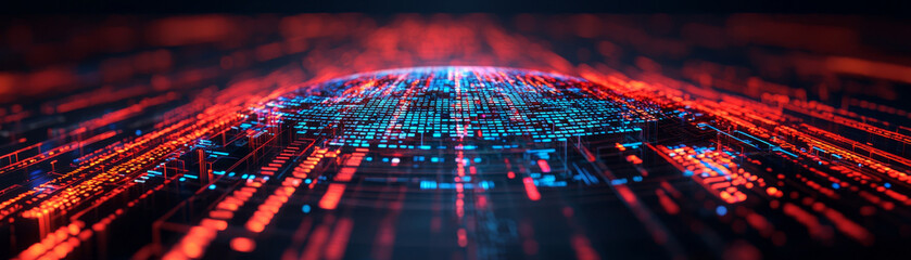 Fototapeta premium Modern tech interface with vibrant red and blue data streams, showcasing digital connectivity and innovation