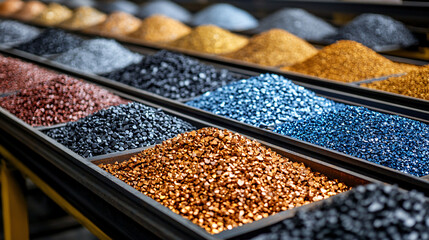 Close-up of raw mineral ores such as iron, copper, and aluminum stacked on a processing conveyor belt in an industrial facility