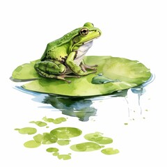 Serene Green Frog Resting on a Lily Pad in a Pond Watercolor Painting