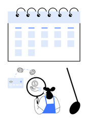 Woman examines finances with magnifying glass, calendar, and payment card. Ideal for financial planning, budgeting, time management, expense tracking, economic analysis, savings strategy investment