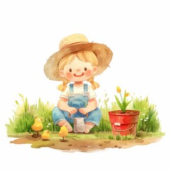Happy Little Girl Gardener with Chicks and Flowers in Watercolor Illustration