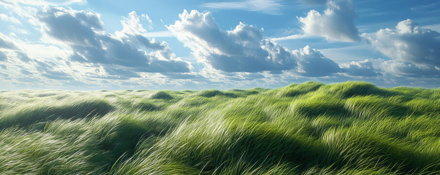 Lush green grass sways gently under bright blue sky with clouds
