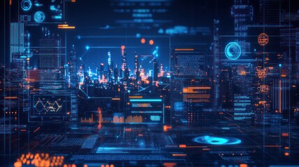 Futuristic cityscape with digital overlays and data visualizations.
