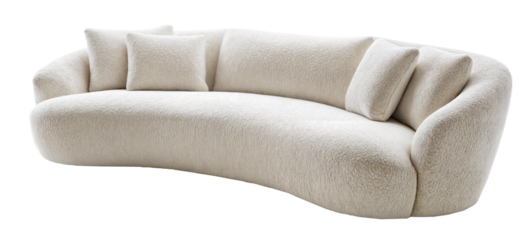 Luxurious white boucle curved sofa with plush cushions isolated on a transparent background