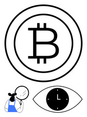 Bitcoin logo encircled in bold lines, a person using a magnifying glass, and an eye with clock. Ideal for cryptocurrency, blockchain, finance, time value, research, security abstract line flat