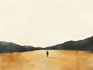 A lone figure walks through a vast desert landscape towards distant mountains. This minimalist artwork evokes feelings of solitude journey and contemplation. Ideal for book covers posters or wall art.