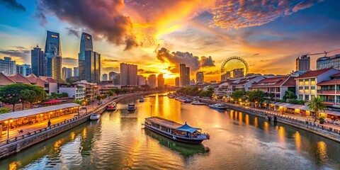 Fototapeta premium Stunning Singapore Clarke Quay Waterfront at Sunset, River, Boats, Buildings