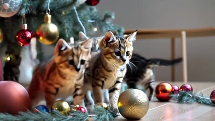Playful kittens joyfully exploring Christmas decorations, batting at ornaments and lights, captured in stunning 4K detail to capture the festive spirit and their adorable antics.