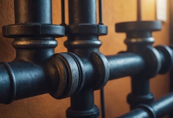This is a detailed closeup image of a black pipe featuring a brass valve