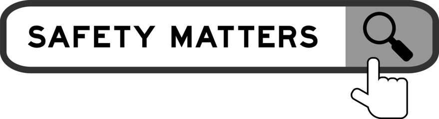 Obraz premium Search banner in word safety matters with hand over magnifier icon on white background