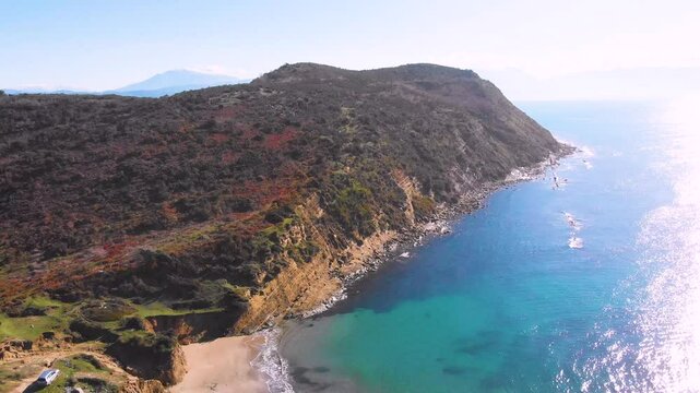 Porto Novo Beach, Zvernec, Vlore, Albania - Aerial Drone View of the Rocky Coastline