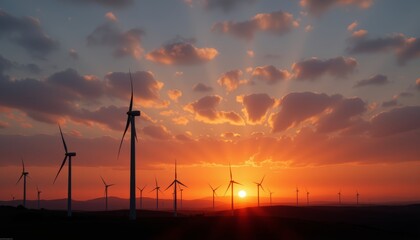 Obraz premium Wind turbines at sunset in a scenic countryside landscape.