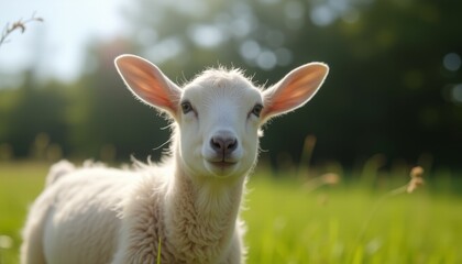 Obraz premium Lamb standing on green grass with yellow wildflowers in spring.