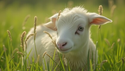 Obraz premium Lamb standing on green grass with yellow wildflowers in spring.