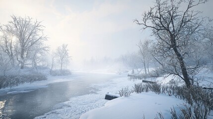 Winter Wonderland: Serene River in Frosty Forest