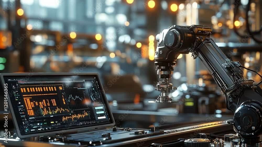 Poster advanced robotic arm performing precise operations in a technologically advanced factory, monitored 