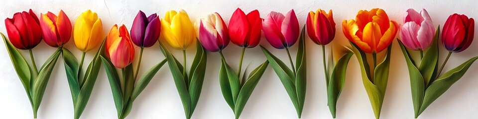 Naklejka premium Vibrant tulips arranged in a spectrum of colors contrasting beautifully on a white surface