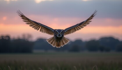 Fototapeta premium Owl flying low over field at dusk with blurred background.