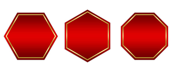 Red gold buttons hexagon shaped objects set elements isolated on white background