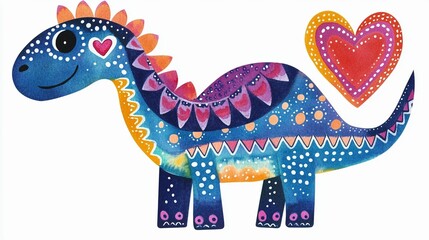 Fototapeta premium Cute children's colorful drawing painted with watercolors which depicts a small cheerful dinosaur