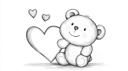 Cute coloring page with a teddy bear and hearts for kids